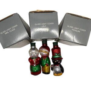 Vtg Avon Glass Light Covers Mrs. Claus Elf Penguin Set Of 3 Christmas Decor New